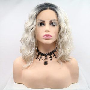 NEW PLATINUM BLOND 13*3" Lace Front Wig Synthetic Mid-length Wavy 12" 130% Dens